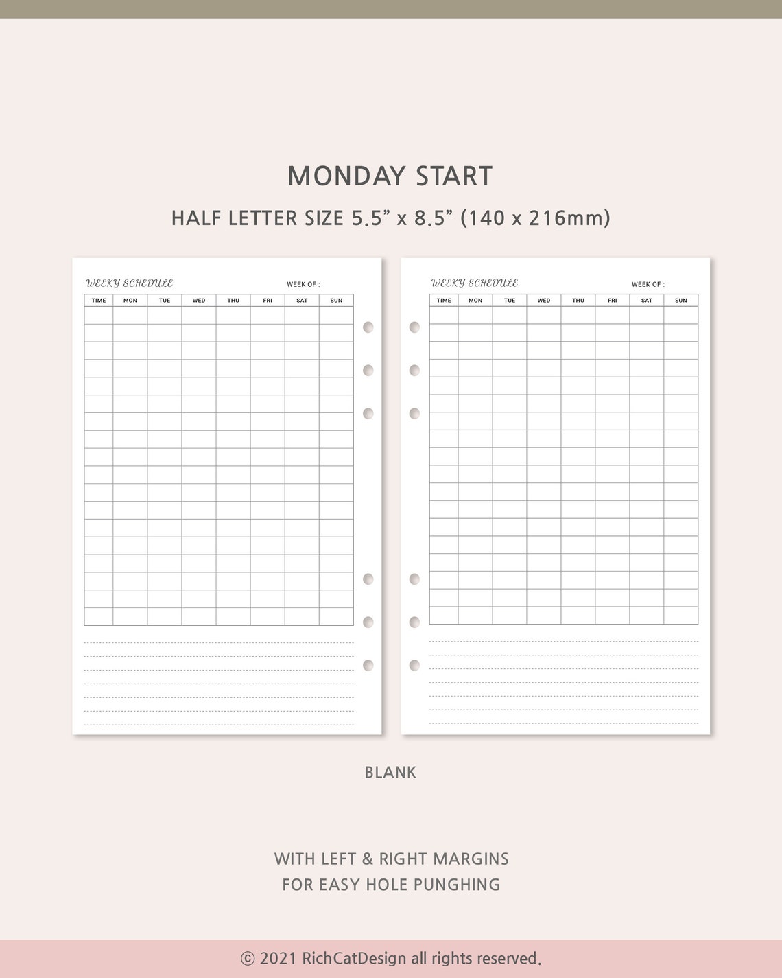 Half Weekly Hourly Planner Printable, Undated Weekly Schedule, Half ...