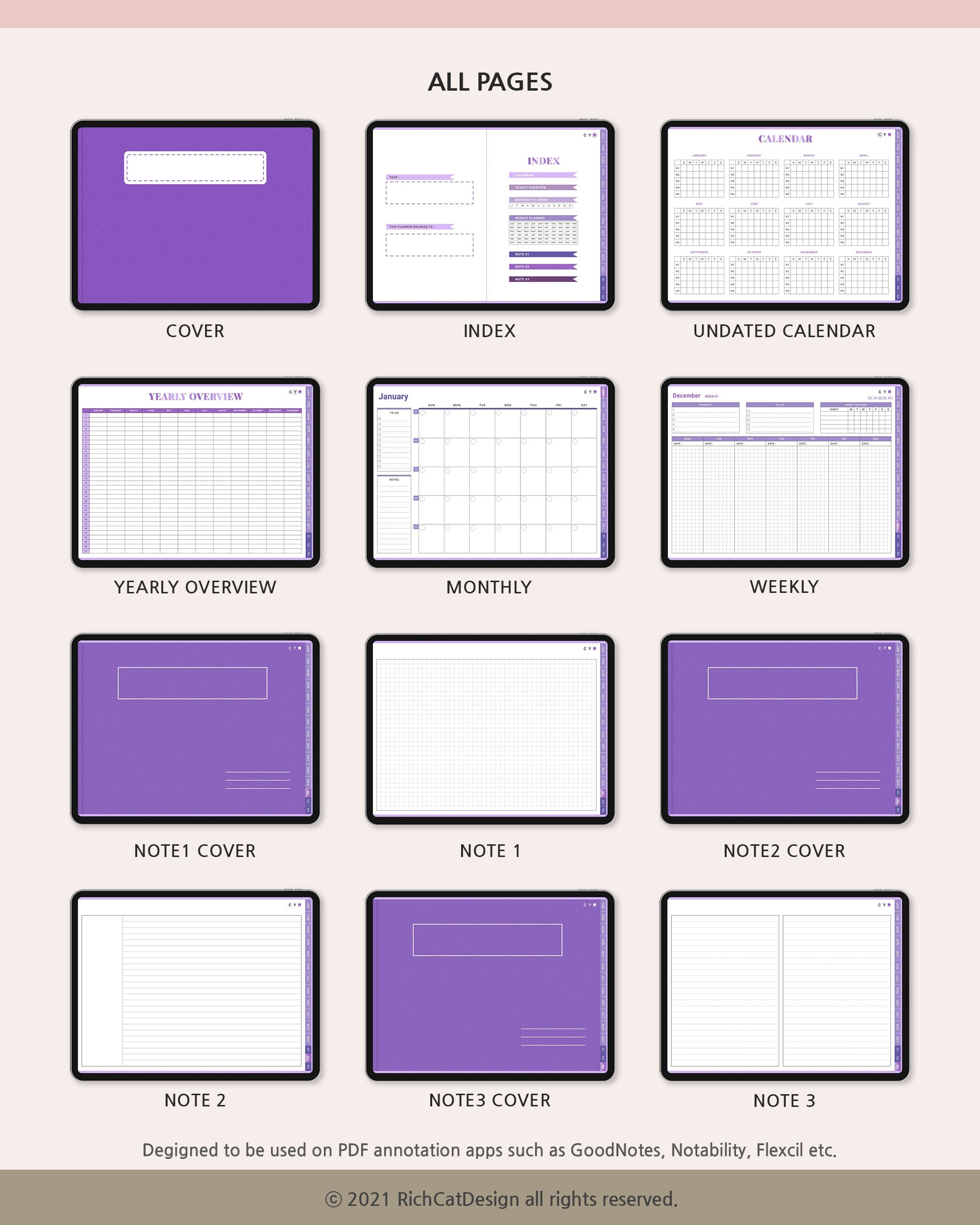 Undated Monthly Digital Planner Purple iPad Planner Etsy