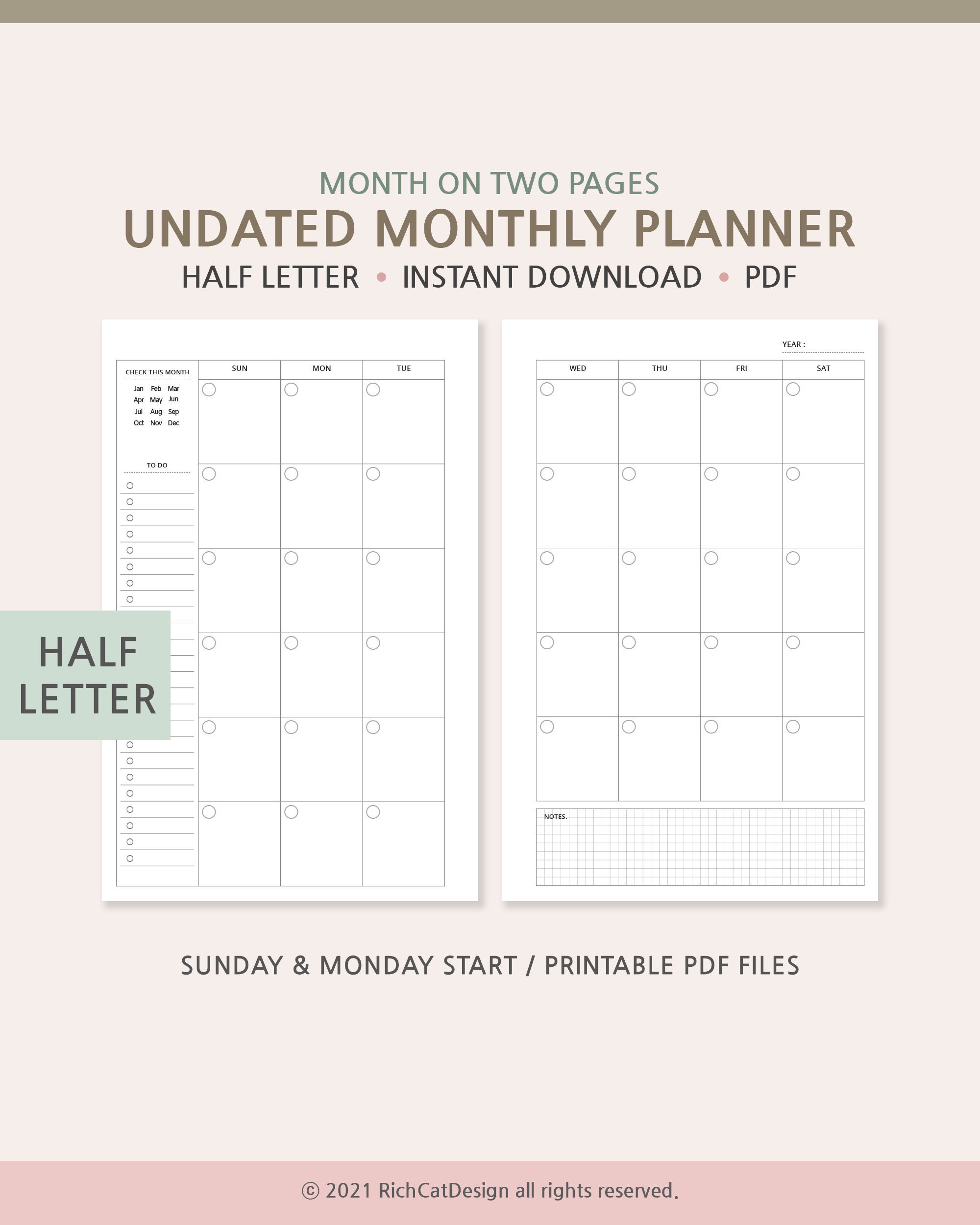 Half Letter Undated Planner Template, Undated Monthly Planner, Month On ...