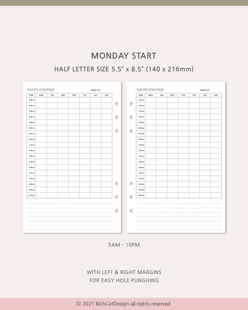 Half Weekly Hourly Planner Printable, Undated Weekly Schedule, Half