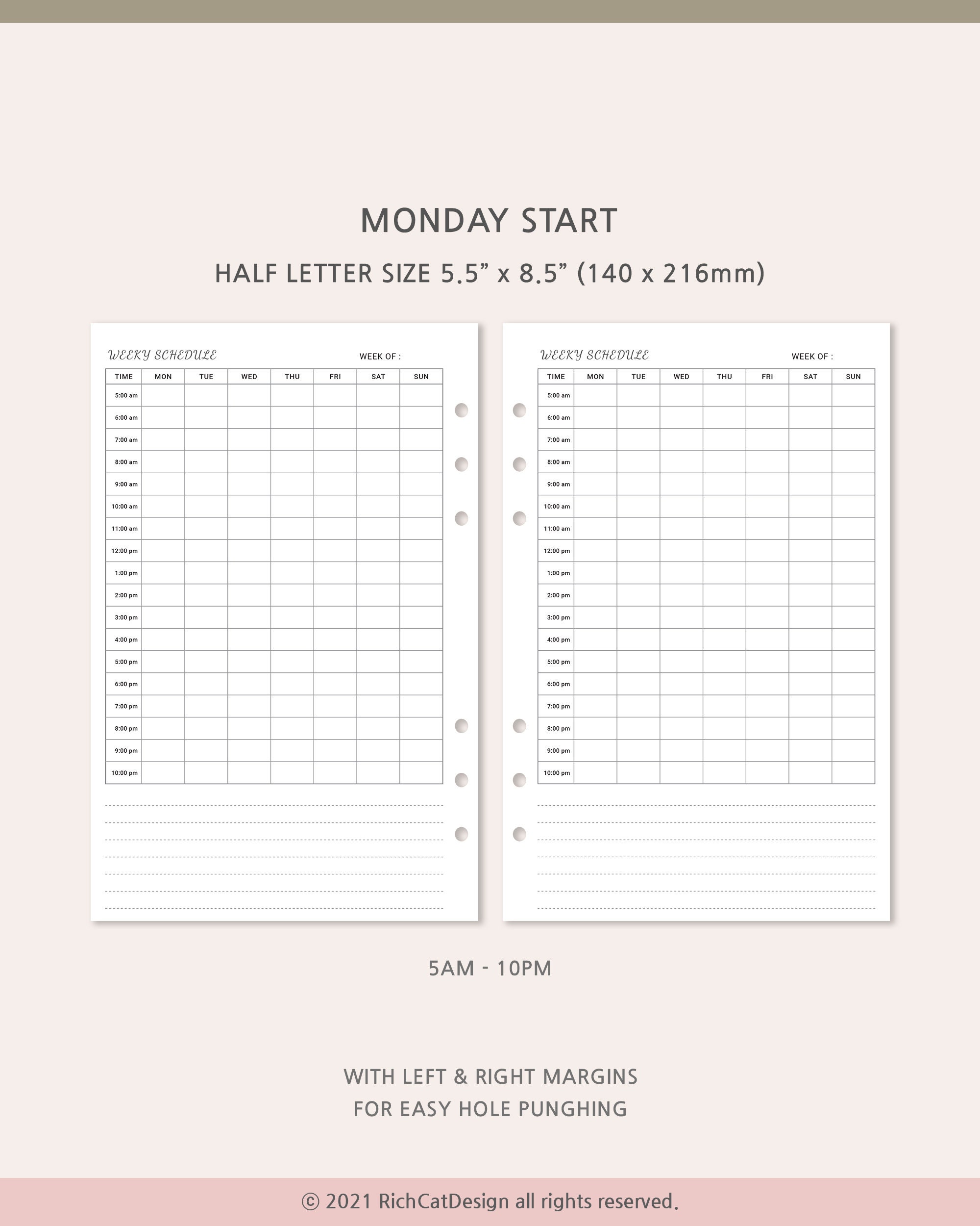 Half Weekly Hourly Planner Printable, Undated Weekly Schedule, Half ...