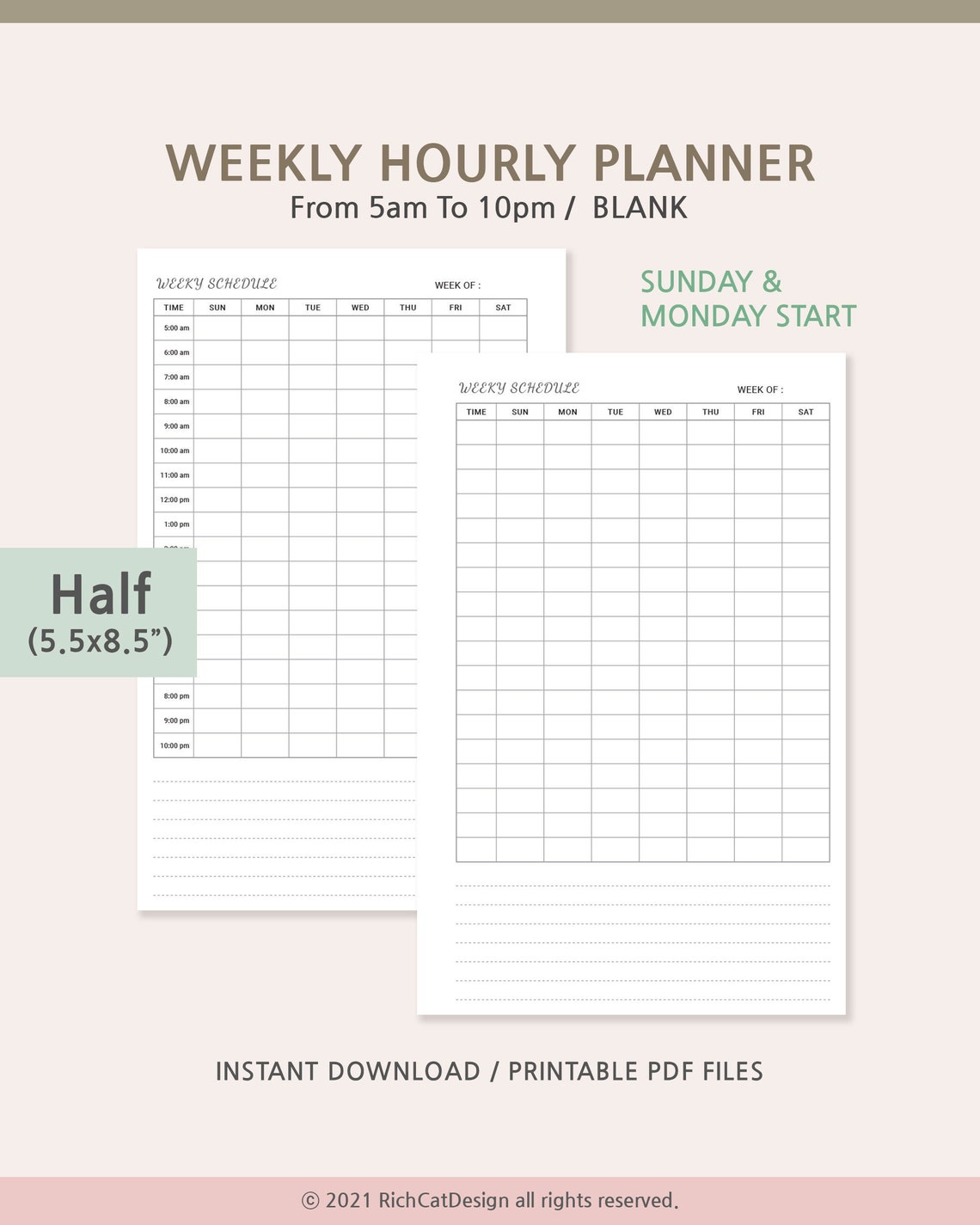 Half Weekly Hourly Planner Printable, Undated Weekly Schedule, Half ...