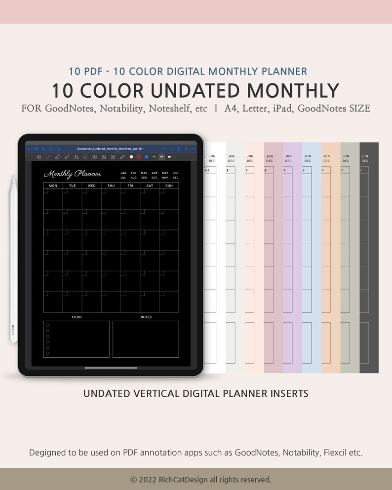 10 Colors Goodnotes Monthly Planner Template, Digital Monthly Insert