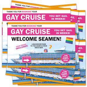 12 Pack Prank Postcards Gay Cruise Joke sent to YOU so you can Play Gags on your Friends! High Quality Glossy Color Postcards!