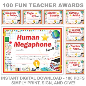 100 Fun Teacher Staff Appreciation Certificate Awards End of Year, Digital Download Printable PDFs. Great for Meetings, Parties, Ceremonies!