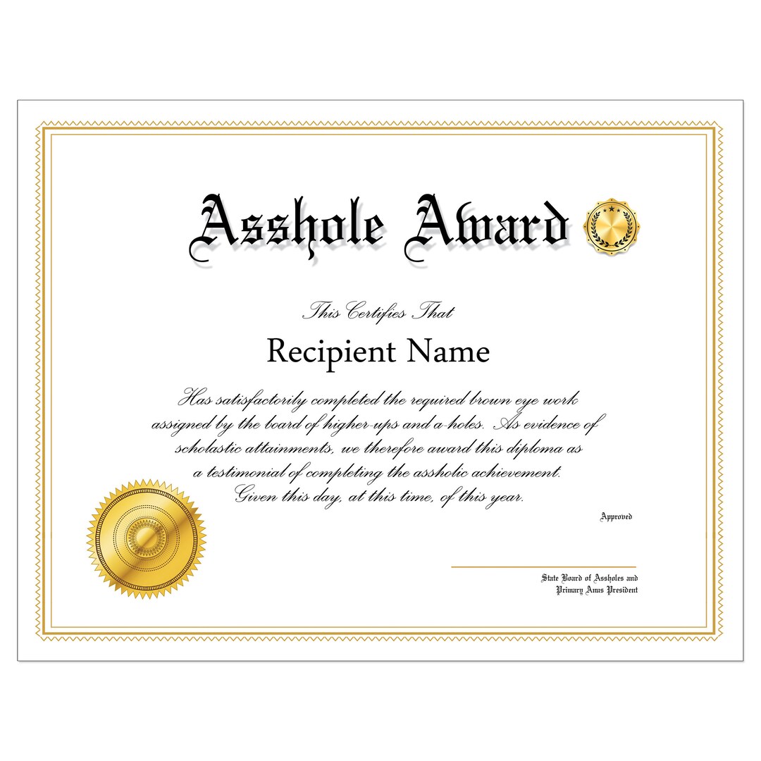 Asshole Award, Digital Download Only, Editable PDF File, Edit Name