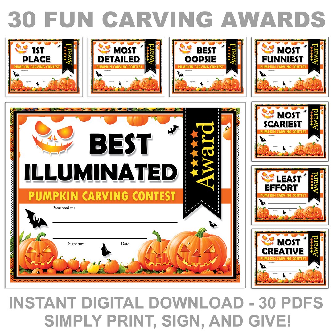 Pumpkin Carving Contest Awards: 30 Printable Certificates (digital ...