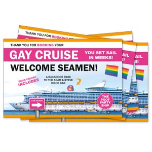 4 Pack Prank Postcards Gay Cruise Joke sent to YOU so you can Play Gags on your Friends! High Quality Glossy Color Postcards!