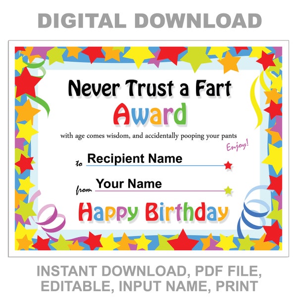 Never Trust a Fart Funny Happy Birthday Prank Award Certificate, Instant Digital Download, Editable Printable PDF. Birthday Gag Gift!