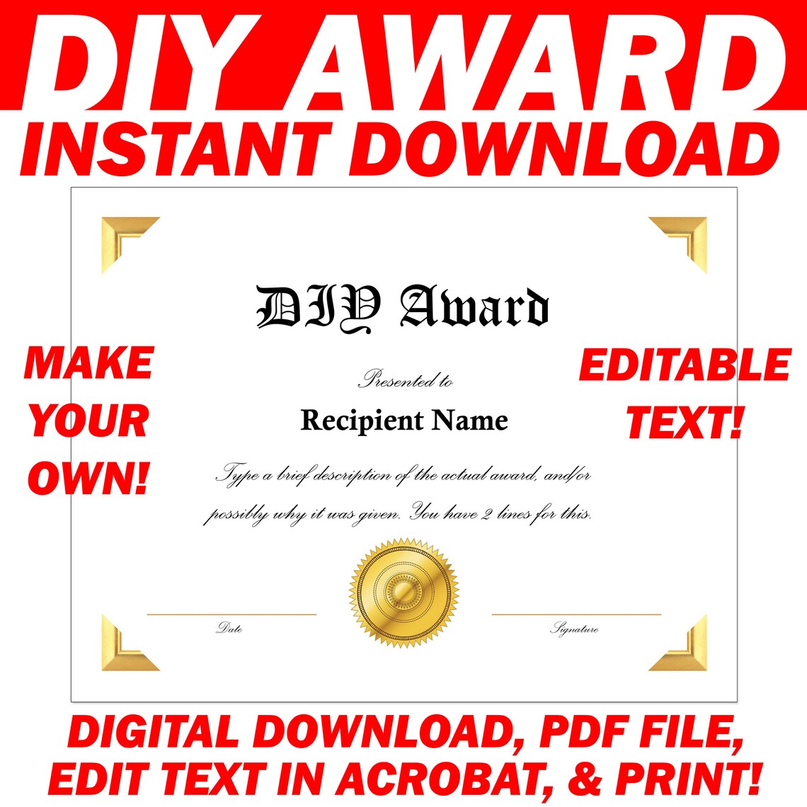 DIY Make Your Own Award Digital Download Only Editable PDF | Etsy