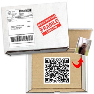 May include: A white cardboard box with a shipping label and a red "FRAGILE" sticker. The box is open, revealing a QR code and a small photo. The shipping label includes the text "PRANK VICTIM'S NAME" and "USPS GROUND ADVANTAGE".