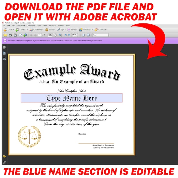 Asshole Award, Digital Download Only, Editable PDF File, Edit Name