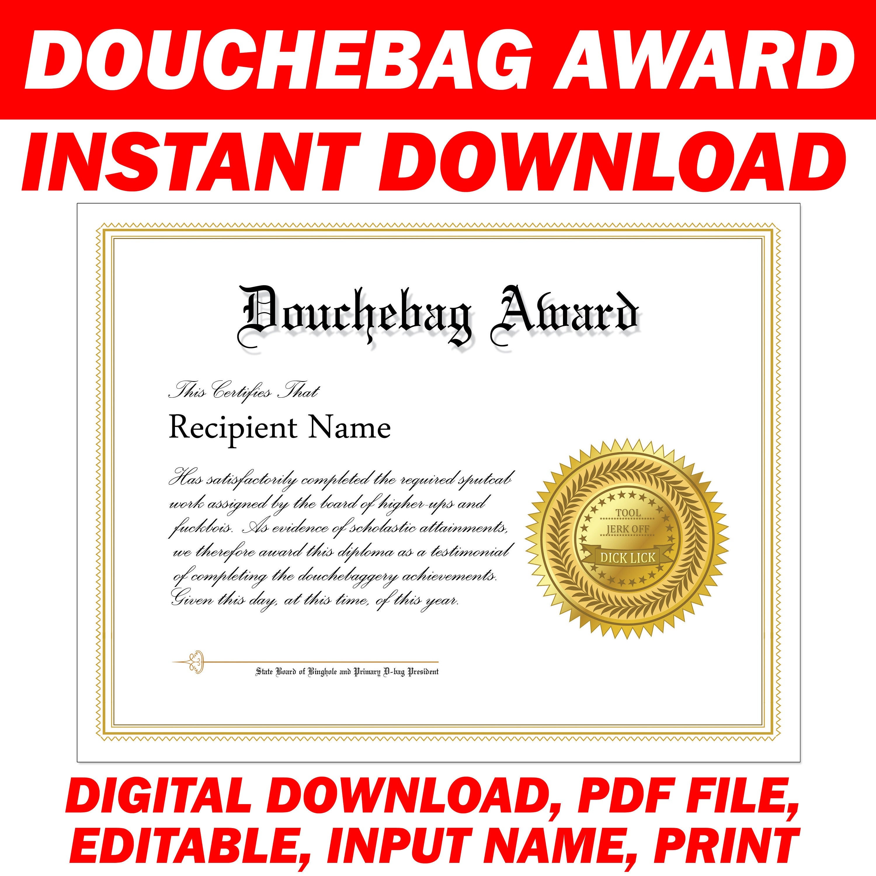 Douchebag Award Digital Download Only Editable PDF File Etsy