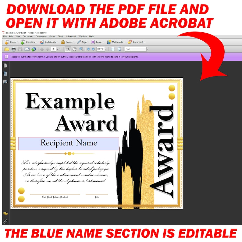 Op de afbeelding: Een afdrukbare certificaatsjabloon met een goud-zwart ontwerp. De tekst "Example Award" staat bovenaan het certificaat. De tekst "Recipient Name" staat in een blauw vak. De tekst "Award" staat verticaal in goud aan de rechterkant van het certificaat. De tekst "THE BLUE NAME SECTION IS EDITABLE" staat onderaan het certificaat.
