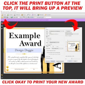 Op de afbeelding: Een afdrukbare certificaatsjabloon voor een award met een goud en zwart ontwerp. Het certificaat heeft de tekst "Example Award" en "Design Doggie". De tekst "Has satisfactorily completed the required scholarly position assigned by the higher board of pedagogic. As evidence of these attainments and academics, we therefore award this diploma as testimonial." staat op het certificaat. Het certificaat wordt weergegeven in een preview-venster op een computerscherm.