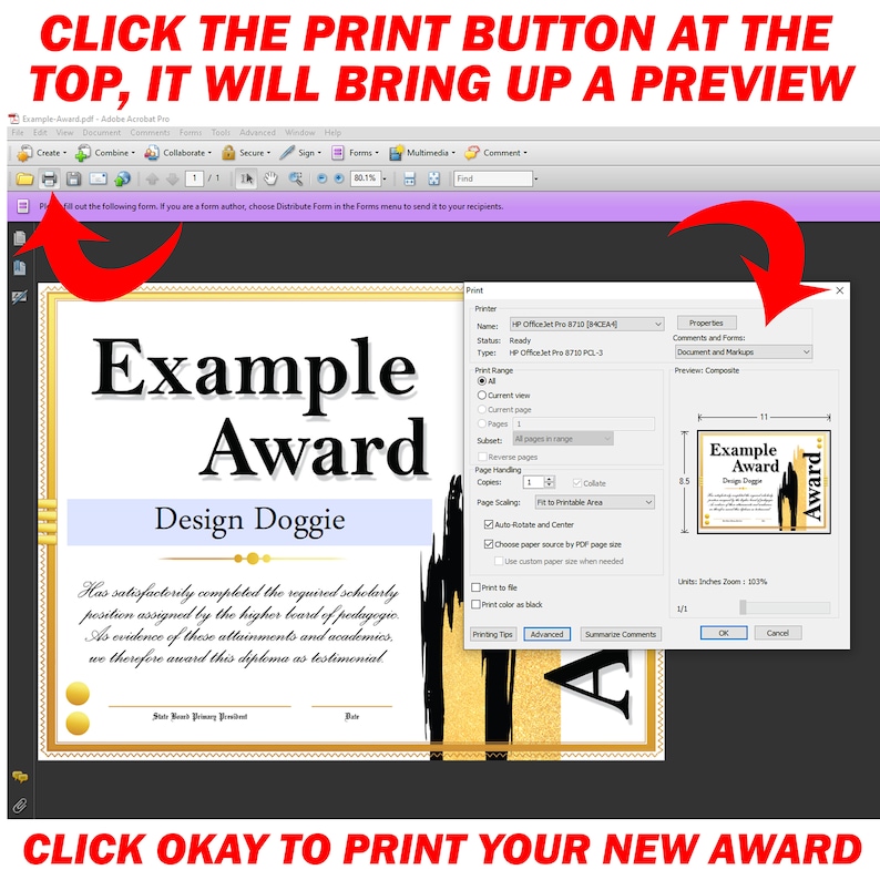 Op de afbeelding: Een afdrukbare certificaatsjabloon voor een award met een goud en zwart ontwerp. Het certificaat heeft de tekst "Example Award" en "Design Doggie". De tekst "Has satisfactorily completed the required scholarly position assigned by the higher board of pedagogic. As evidence of these attainments and academics, we therefore award this diploma as testimonial." staat op het certificaat. Het certificaat wordt weergegeven in een preview-venster op een computerscherm.