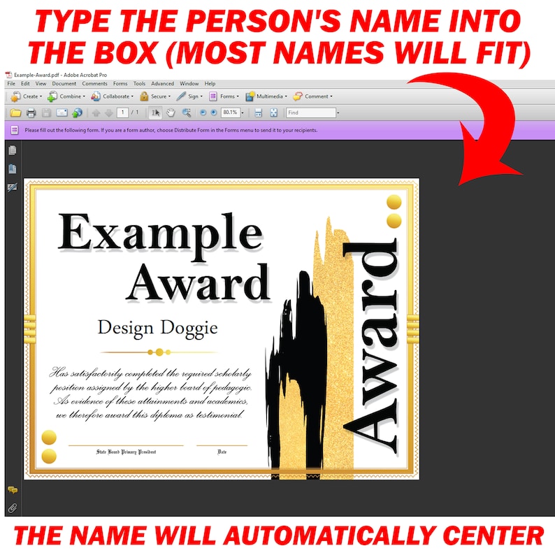 Op de afbeelding: Een afdrukbare certificaatsjabloon met een goud-zwart ontwerp. De tekst "Example Award" staat bovenaan het certificaat. De tekst "Design Doggie" staat onder de titel van de award. De tekst "Award" staat verticaal aan de rechterkant van het certificaat. De tekst "TYPE THE PERSON'S NAME INTO THE BOX (MOST NAMES WILL FIT)" staat bovenaan de afbeelding.