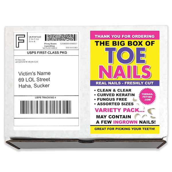 Prank Mail Practical Joke Mailer Gag Gift - Big Box of Toe Nails Prank Gift! Fun Prank gets sent to a Loved One/Victim/Friend 100% Anonymous