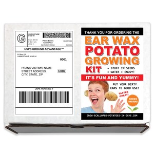May include: A white cardboard box with a USPS shipping label and a colorful label for an "Ear Wax Potato Growing Kit." The kit's label features text and an image of a person with potatoes. The box includes the text "It's Fun and Yummy!"