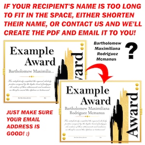 Op de afbeelding: Een goud en zwart certificaat met de tekst "Example Award" en de naam "Bartholomew Maximiliana Rodriguez McManus". Het certificaat heeft een gouden rand en een abstract ontwerp in zwart en goud. De tekst "Just make sure your email address is good!" staat onder het certificaat.