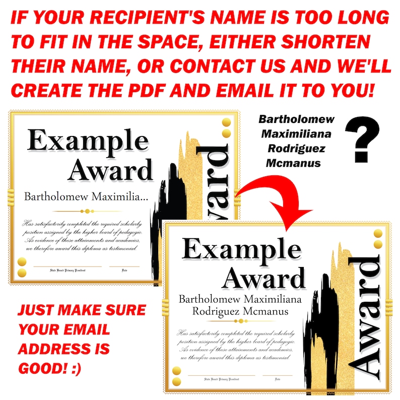 Op de afbeelding: Een goud en zwart certificaat met de tekst "Example Award" en de naam "Bartholomew Maximiliana Rodriguez McManus". Het certificaat heeft een gouden rand en een abstract ontwerp in zwart en goud. De tekst "Just make sure your email address is good!" staat onder het certificaat.