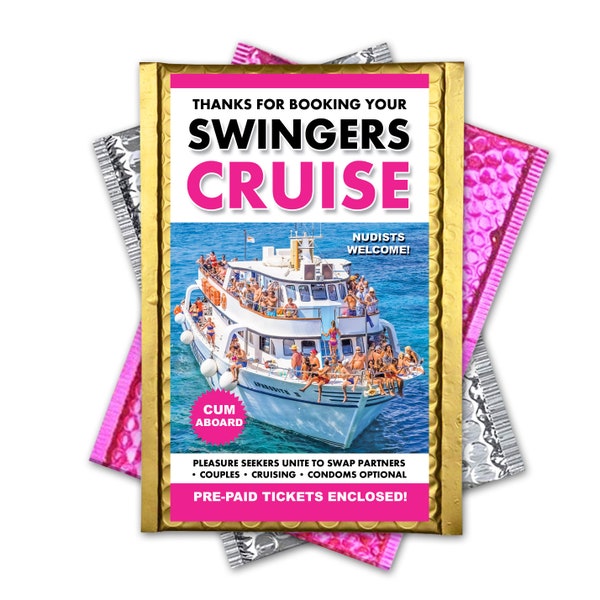 Prank Mail Swingers Cruise Package gets sent directly to your Victim. Funny Gag Gift that will Embarrass  your Friends, Family, and Foes.