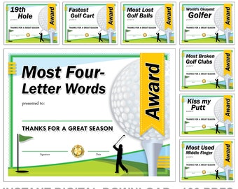 100 Fun Golf Certificate Awards, End of Season - Digital Download Printable PDFs. Great for Meetings, Teams, Parties, Dinners, Ceremonies!