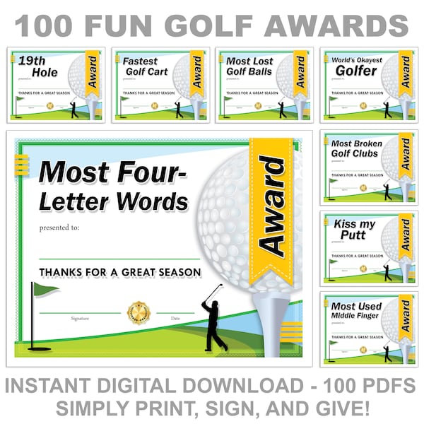 100 Fun Golf Certificate Awards, End of Season - Digital Download Printable PDFs. Great for Meetings, Teams, Parties, Dinners, Ceremonies!