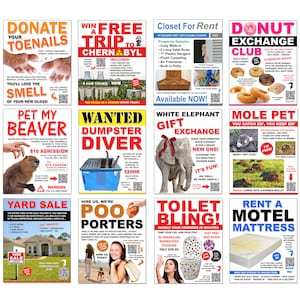 Op de afbeelding: Een collage van negen kleurrijke borden die verschillende diensten en producten adverteren. De borden tonen een verscheidenheid aan thema's, waaronder een tuinvlooi, een huisdierbever, een vuilnisbakduiker, een witte olifant geschenkenruil, een donutuitwisseling, een molhuisdier, toiletbling, een poepdrager service en een motelmatras. De borden zijn allemaal ontworpen in een humoristische en opvallende stijl.