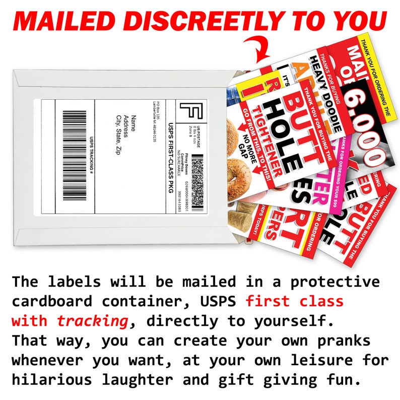 Puede incluir: Un sobre blanco con una etiqueta de paquete USPS First-Class. El sobre est&aacute; abierto y se pueden ver varias tarjetas coloridas en su interior. Las tarjetas tienen texto humor&iacute;stico, incluyendo "Butt Tightener" y "Heavy Doodie". El texto "Mailed Discreetly to You" est&aacute; escrito en letras rojas sobre el sobre.