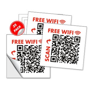May include: White square stickers with the words "FREE WIFI" in red, along with a QR code and a red arrow. A red circle sticker reads "25 PACK". The stickers are designed for easy scanning.
