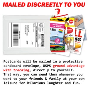 Może przedstawiać: Biała koperta z etykietą wysyłkową i napisem "MAILED DISCREETLY TO YOU". Częściowo widoczne kolorowe poczt&oacute;wki z obrazami i tekstem, w tym "YOU SET SAIL IN WEEKS! MEN!" i "GOATS EBACK!". Obecny jest r&oacute;wnież tekst "Postcards will be mailed..."
