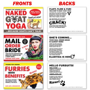 Może przedstawiać: Kolaż humorystycznych reklam. Jedna reklama promuje "Naked Goat Yoga", inna oferuje "Mail Order Bride", a trzecia zaprasza do dołączenia do "Furries with Benefits".