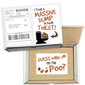 May include: A prank gift box with the text "I Took A MASSIVE DUMP IN YOUR TOILET!" on the top and "GUESS WHO DID THE POO?" inside. The box has a shipping label and a cartoon toilet graphic.