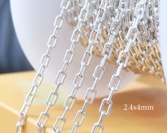 Corrente de clipe de papel de prata esterlina 925 de 1 pé 2,4 x 4 mm, atacado, feita nos EUA
