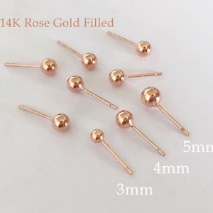 Juego de 4 pendientes de botón de 2 mm/3 mm/4 mm, chapados en oro rosa de 14 quilates, con bola, postes y cierres. Fabricados en EE. UU.