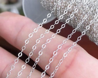 May include: A close-up of a silver chain, showing the delicate oval links. The chain is coiled on a spool and is being held by a hand.