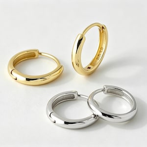 May include: A collection of four small hoop earrings, featuring two polished gold-tone hoops and two polished silver-tone hoops. Each earring has a smooth, rounded metal band with a hinged closure mechanism visible on the side of the circular frame.