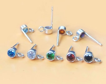 2 Pcs 3mm 925 Sterling Silver Cubic Zirconia Bezel Post Earrings with Open Ring, Birthstone Earrings, 3A Cz Ear Post, Stud Earrings