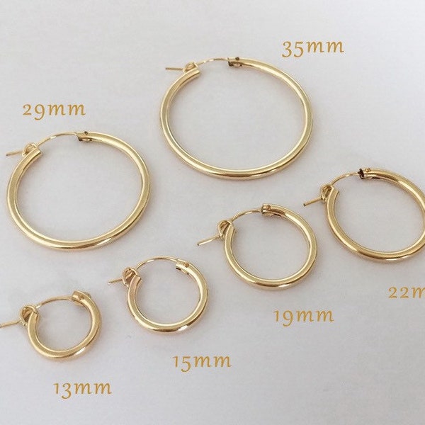 2 Pcs, 14K Gold Filled Hoop Earrings, 13mm, 15mm, 19mm, 22mm, 29mm, 35mm, Thick Hoops, Earring Findings, Made In USA