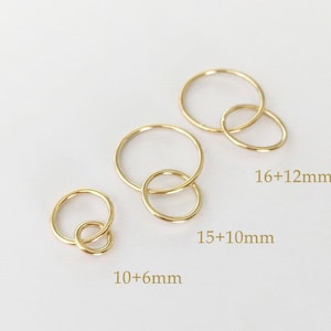 May include: Three sets of gold hoop earrings, each set with two hoops of different sizes. The smallest set is 10mm + 6mm, the middle set is 15mm + 10mm, and the largest set is 16mm + 12mm.