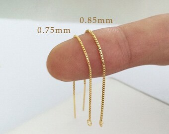 2 Pcs 0.75mm/0.85mm 14K Gold Filled Box Chain Ear Threaders, w/ Open Ring Attached, Earring Findings, Made In USA
