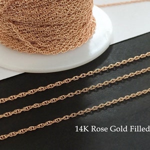 Cadena ondulada de 1 mm rellena de oro rosa de 14 quilates, cadena en espiral, cadena Singapur, cadena retorcida, fabricada en EE. UU.
