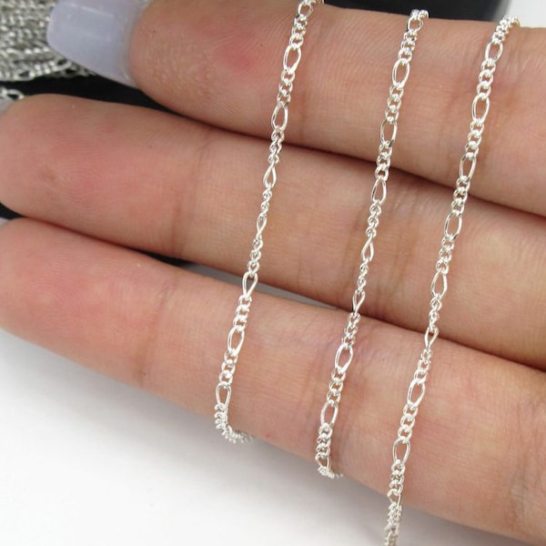 1 Foot 1.6mm Silver Flat Figaro Chain, 925 Sterling Silver Chain, 3+1, 3:1, Wholesale, Made in Italy