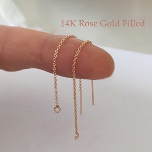 2 Pcs 8cm 14K Rose Gold Filled Cable Chain Ear Threaders, w/ Open Ring Attached, Earring Findings, Made In USA