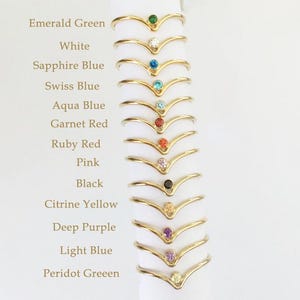 Puede incluir: Un conjunto de 14 anillos de oro con piedras preciosas de diferentes colores. Los anillos están dispuestos verticalmente, con los colores de las piedras preciosas enumerados en el lado izquierdo de la imagen. Las piedras preciosas son verde esmeralda, blanco, azul zafiro, azul suizo, azul aguamarina, rojo granate, rojo rubí, rosa, negro, amarillo citrino, morado oscuro, azul claro y verde peridoto.