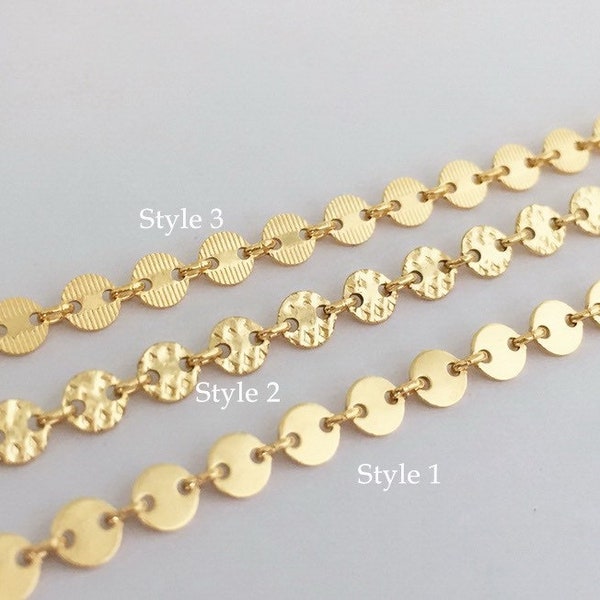 1 Foot 4mm 14K Gold Filled Round Disc Chain, Sequin Chain, Smooth/Hammered/Textured Disc Chain, Made in USA