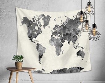 Acuarela World Map Wall Tapestry / 59"x51"/150cmx130cm/ Gray Tapestry Wall Hanging / Dorm room Office Decor / Map of the World Tapestry