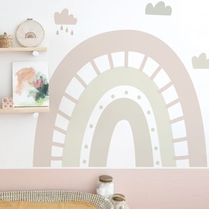 large rainbow wall decal | Large (28"X22" 71cmx57cm)| Muted Neutral Rainbow Wall Sticker| Nursery Playroom Decor| Raindrop Cloud