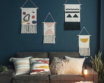 Macrame Tapestry with Tassel Wall Hanging | Woven Wall Decor | Boho Geometric Shapes